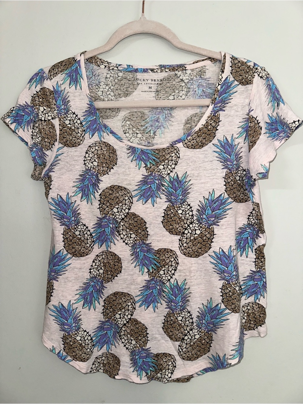 Lucky Brand Light Pink Pineapple Print Scoop Neck Tee with Blue-Purple-Tan